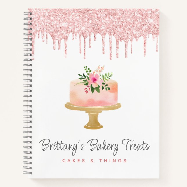 Bakery Cake Blush Pink Glitter Drip Pastry Dessert Notebook (Front)