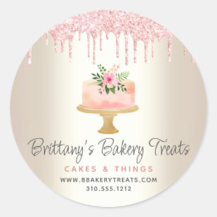 Bakery Cake Blush Pink Glitter Drips Dessert Gold Classic Round Sticker