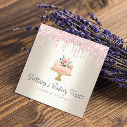 Bakery Cake Blush Pink Glitter Drips Dessert Gold Square Business Card