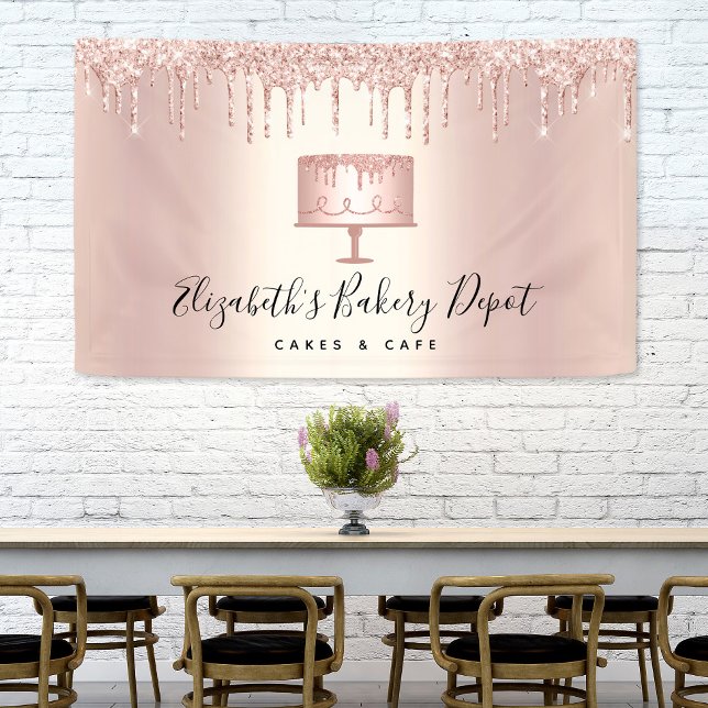 Bakery Cake Chef Rose Gold Glitter Drips Script Banner (Creator Uploaded)