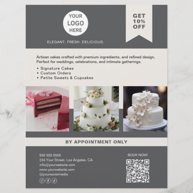 Bakery Cake Custom Logo Grey Business Flyer (Front)
