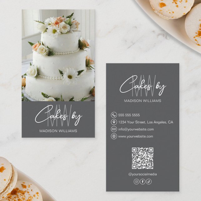 Bakery Cake Custom Monogram Logo Grey Business Card (Bakery Cake Custom Monogram Logo Gray Business Card)