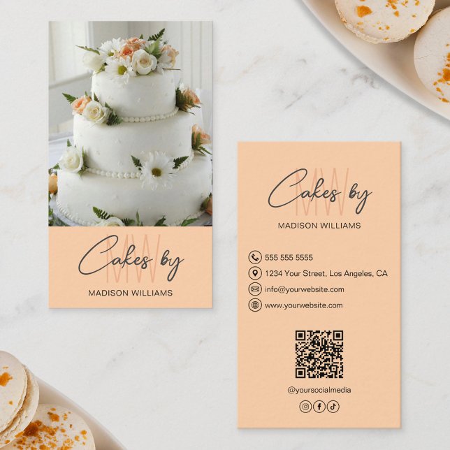 Bakery Cake Custom Monogram Logo Peach Business Card (Bakery Cake Custom Monogram Logo Peach Business Card)