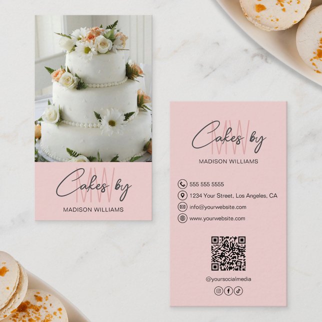 Bakery Cake Custom Monogram Logo Pink Business Card (Bakery Cake Custom Monogram Logo Pink Business Card)