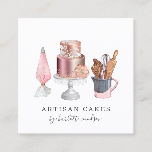 Bakery Cake Maker Watercolor Baking Utensils  Square Business Card (Front)