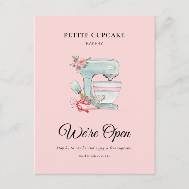 Bakery Cake mixer We're open promotional Postcard (Front)