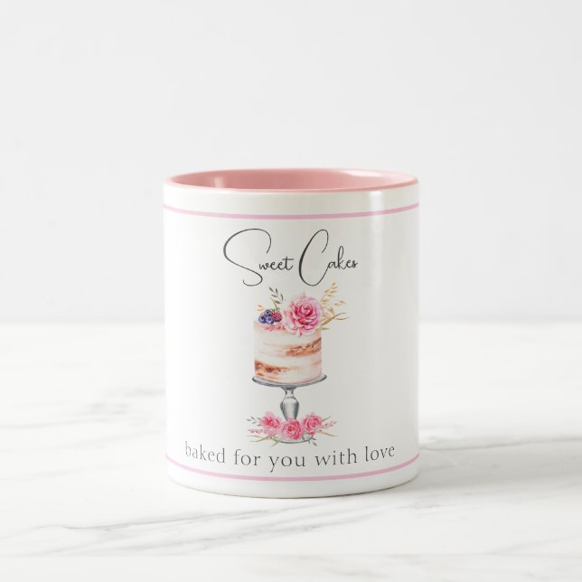Bakery Cake Pink Elegant Watercolor Two-Tone Coffee Mug (Center)