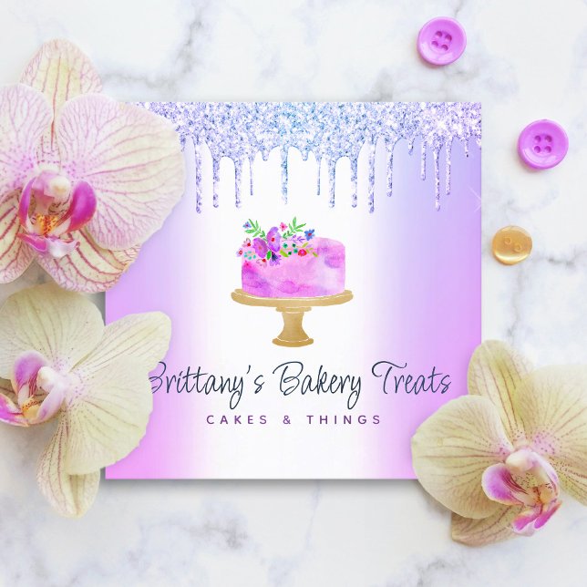Bakery Cake Purple Glitter Drips Pastry Dessert Square Business Card (Creator Uploaded)