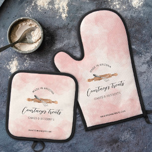Bakery Chef Logo Cute Pink Watercolor Branded Oven Mitt & Pot Holder Set