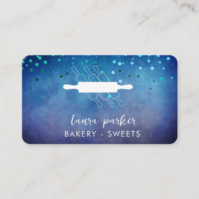 Bakery Chef  Rolling Pin Blue Pastry Handmade Business Card (Front)
