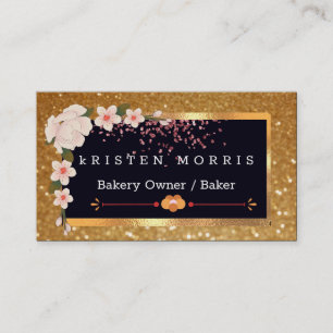 Bakery Chef Whisk Logo   Floral Gold Glitter  Business Card