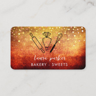 Bakery Chef with Whisk Rolling Pin Piping Bag Gold Business Card