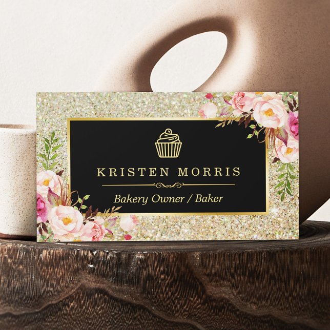 Bakery Cupcake Logo | Floral Gold Glitter Sparkles Business Card (Creator Uploaded)