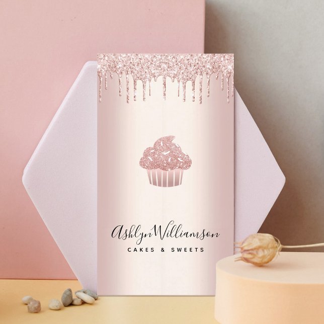 Bakery Cupcake Pastry Chef Rose Gold Glitter Drips Business Card (Creator Uploaded)