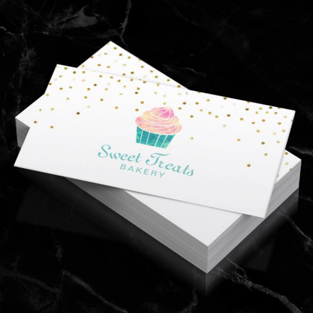 Bakery Cupcake Sweet Treats Gold Confetti Business Card (Creator Uploaded)