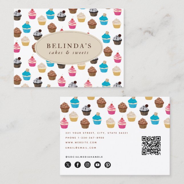 Bakery Cupcakes Sweets Baking QR Code Social Media Business Card (Front/Back)