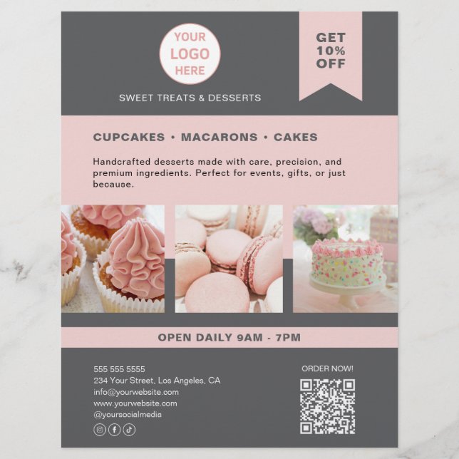 Bakery Custom Logo Grey Pink Flyer (Front)
