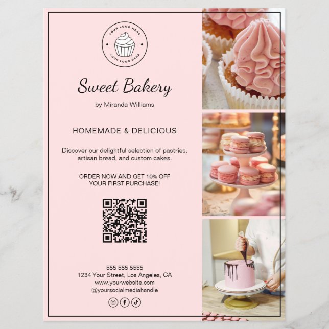 Bakery Custom Logo Photo QR Code Pink Flyer (Front)