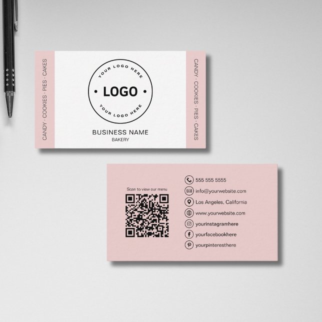 Bakery Custom Logo QR Code Blush Pink Business Card (Creator Uploaded)