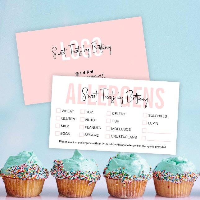 Bakery Feminine Blush Pink Food Allergy Checklist Business Card (Creator Uploaded)