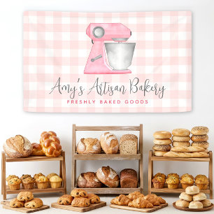 Bakery Kitchen Mixer Logo Blush Pink Gingham Plaid Banner