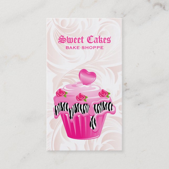 Bakery Leaf Rose Zebra Pink Cupcake Heart Elegant Business Card (Front)