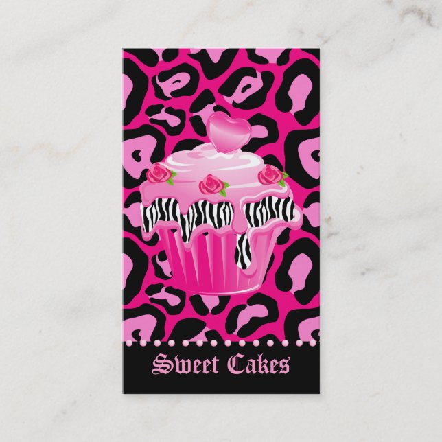Bakery Leopard Rose Pink Cupcake Heart Icing Dots Business Card (Front)