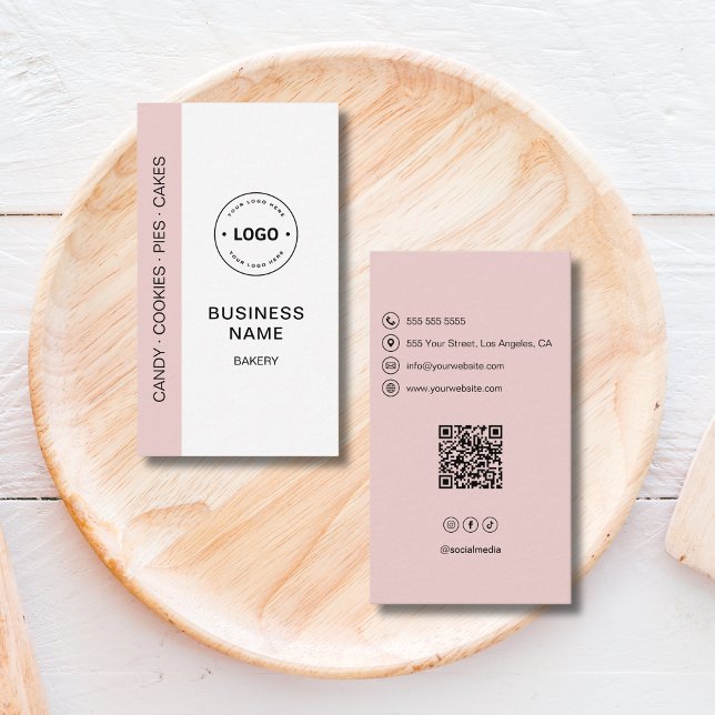 Bakery Logo QR Code Social Media Pink Business Card (Bakery Logo QR Code Social Media Pink Business Card)