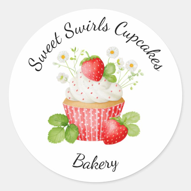 Bakery Logo Stickers,  Strawberry Cupcake Label (Front)