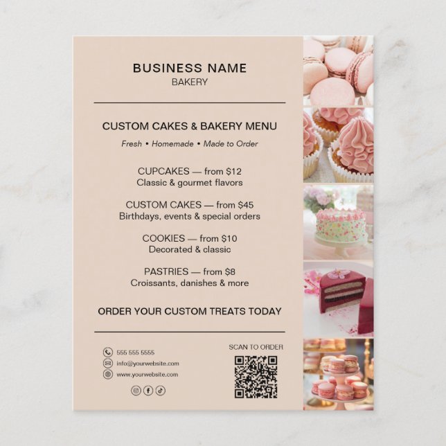 Bakery Menu Flyer Template QR Code Mocha Brown (Front)