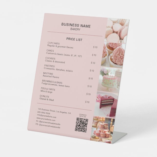 Bakery Minimal Pink Custom Photo QR Price List Pedestal Sign (Front)