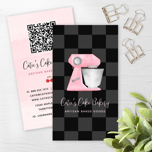 Bakery Mixer Blush Pink Black Chequered QR Code Business Card (Creator Uploaded)