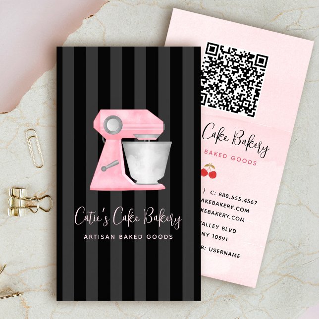 Bakery Mixer Blush Pink on Black Stripes QR Code Business Card (Creator Uploaded)