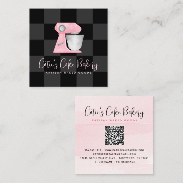 Bakery Mixer Blush Pink QR Code Black Chequered Square Business Card (Front/Back)