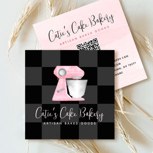 Bakery Mixer Blush Pink QR Code Black Chequered Square Business Card