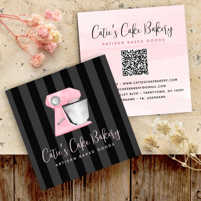 Bakery Mixer Blush Pink QR Code on Black Stripes Square Business Card (Creator Uploaded)