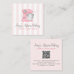 Bakery Mixer Blush Pink QR Code Stripes Pattern Square Business Card