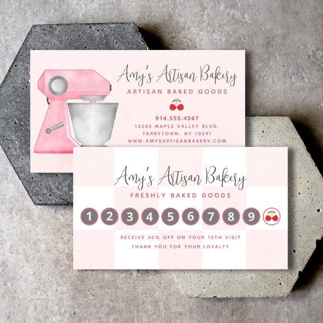 Bakery Mixer Blush Pink White Chequerboard Pattern Loyalty Card (Creator Uploaded)