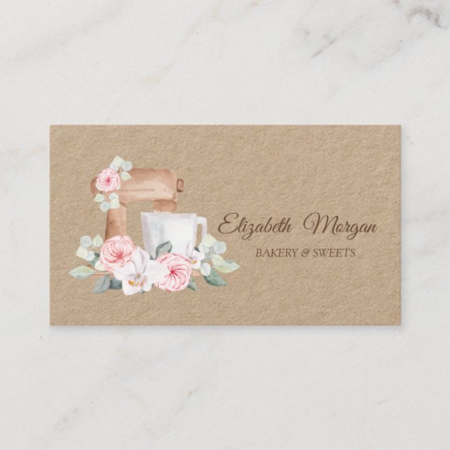 Bakery Mixer Flowers Kraft Business Card (Front)
