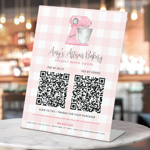 Bakery Mixer Logo Pink Gingham 2 QR Code Pay Here Pedestal Sign