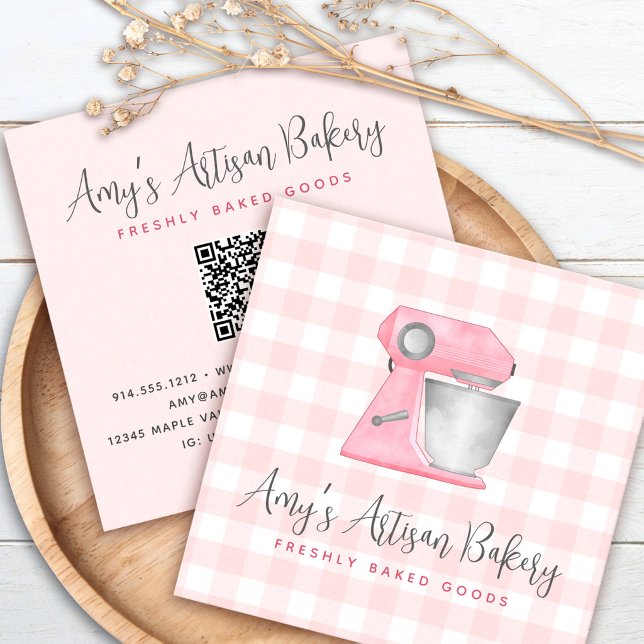 Bakery Mixer QR Code Blush Pink Gingham Pattern Square Business Card (Creator Uploaded)