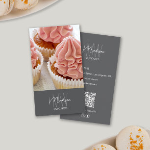 Bakery Monogram Logo Cupcake Photo QR Grey Business Card