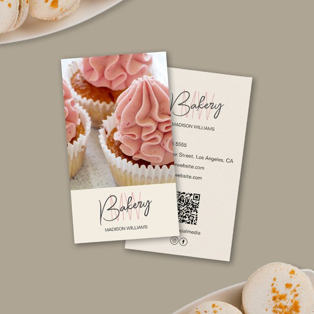 Bakery Monogram Logo Custom Photo QR Cream Business Card (Bakery Monogram Logo Custom Photo QR Cream Business Card)