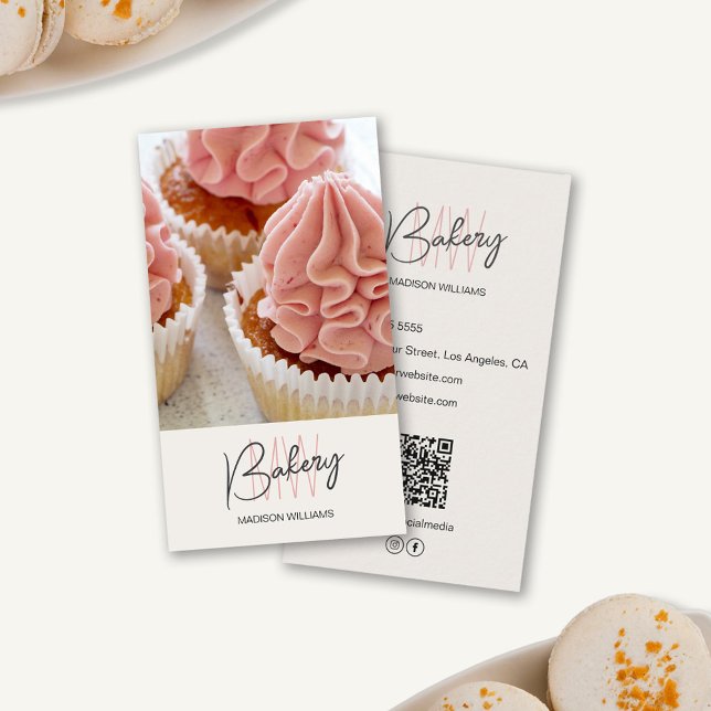 Bakery Monogram Logo Custom Photo QR Tan Business Card (Bakery Monogram Logo Custom Photo QR Tan Business Card)