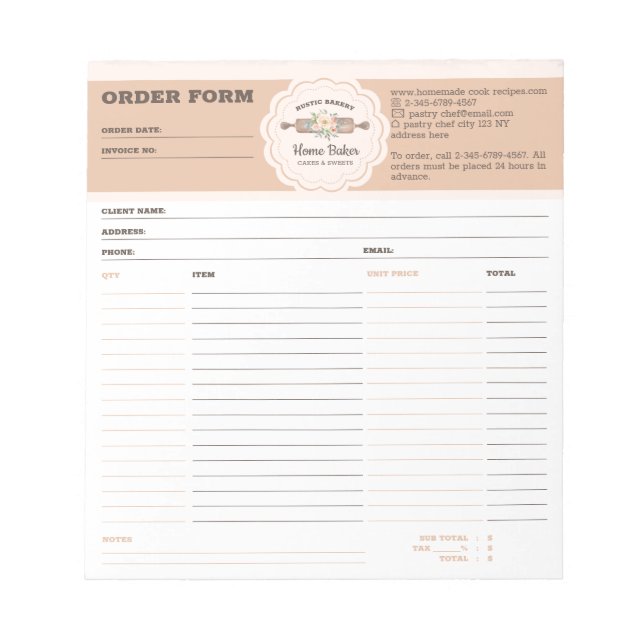 Bakery Order Form Notepad (Front)