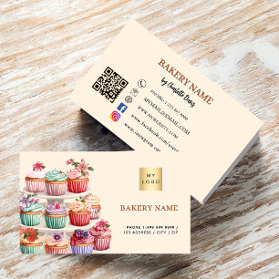 Bakery pastry beige cream pink QR code logo Business Card