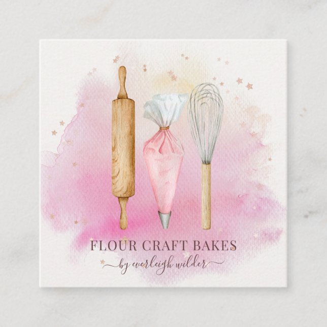Bakery Pastry Chef Baker Baking Utensils Pink  Square Business Card (Front)