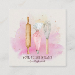 Bakery Pastry Chef Baker Utensils Pink Square Bus Business Card