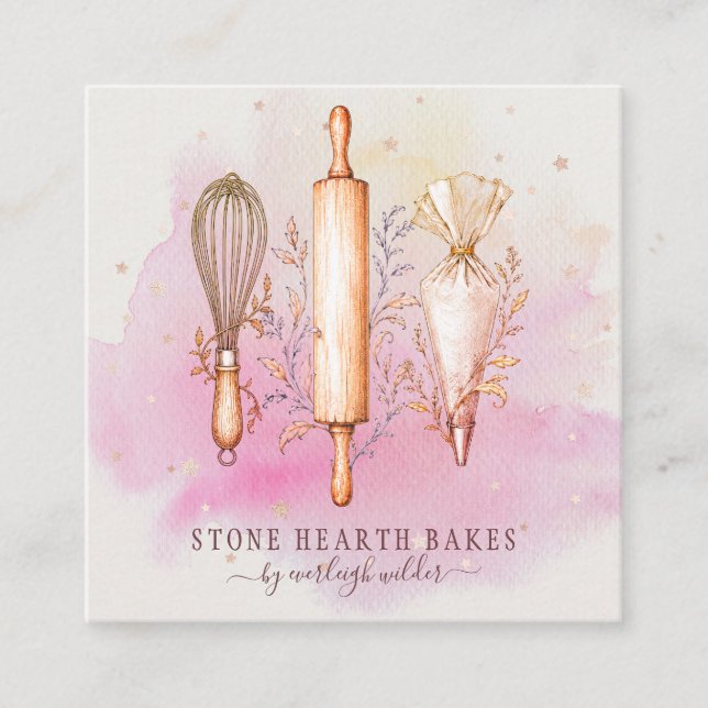 Bakery Pastry Chef Baker Utensils Pink  Square Business Card (Front)