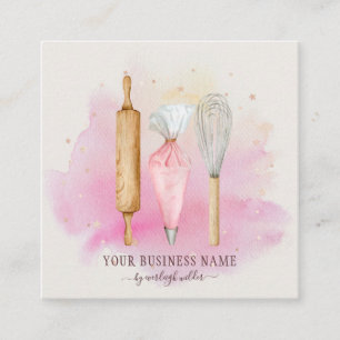 Bakery Pastry Chef Baker Utensils Pink Square Business Card